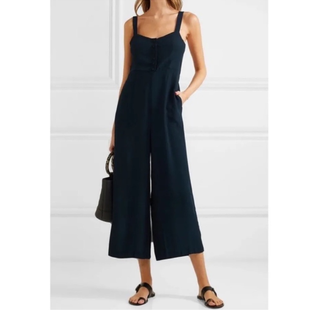 Madewell Navy Blue Smocked Button-Front Crop Jumpsuit - Picture 2 of 14